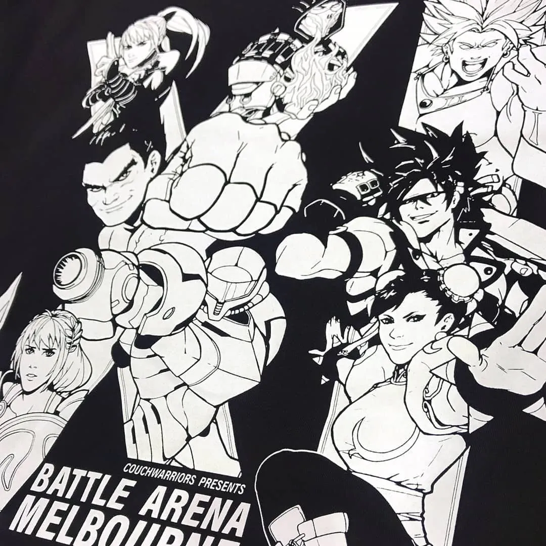 White screen print with illustrated characters on a black garment