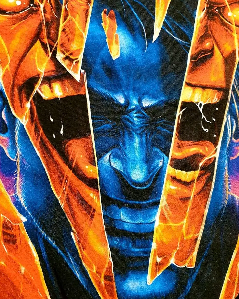 Colourful orange and blue screen-printed artwork